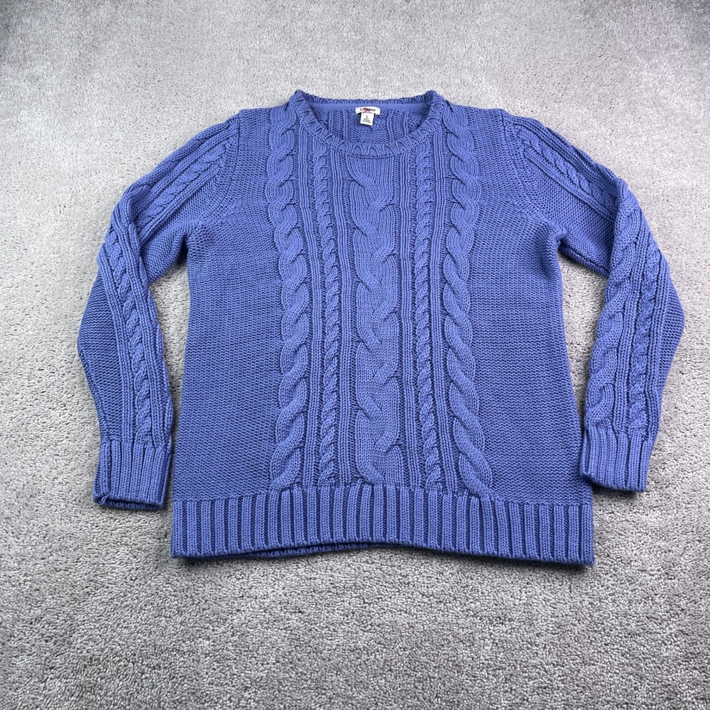 LL Bean Sweater Womens Large Blue Cable Knit Cotton Pullover Crewneck Cottage